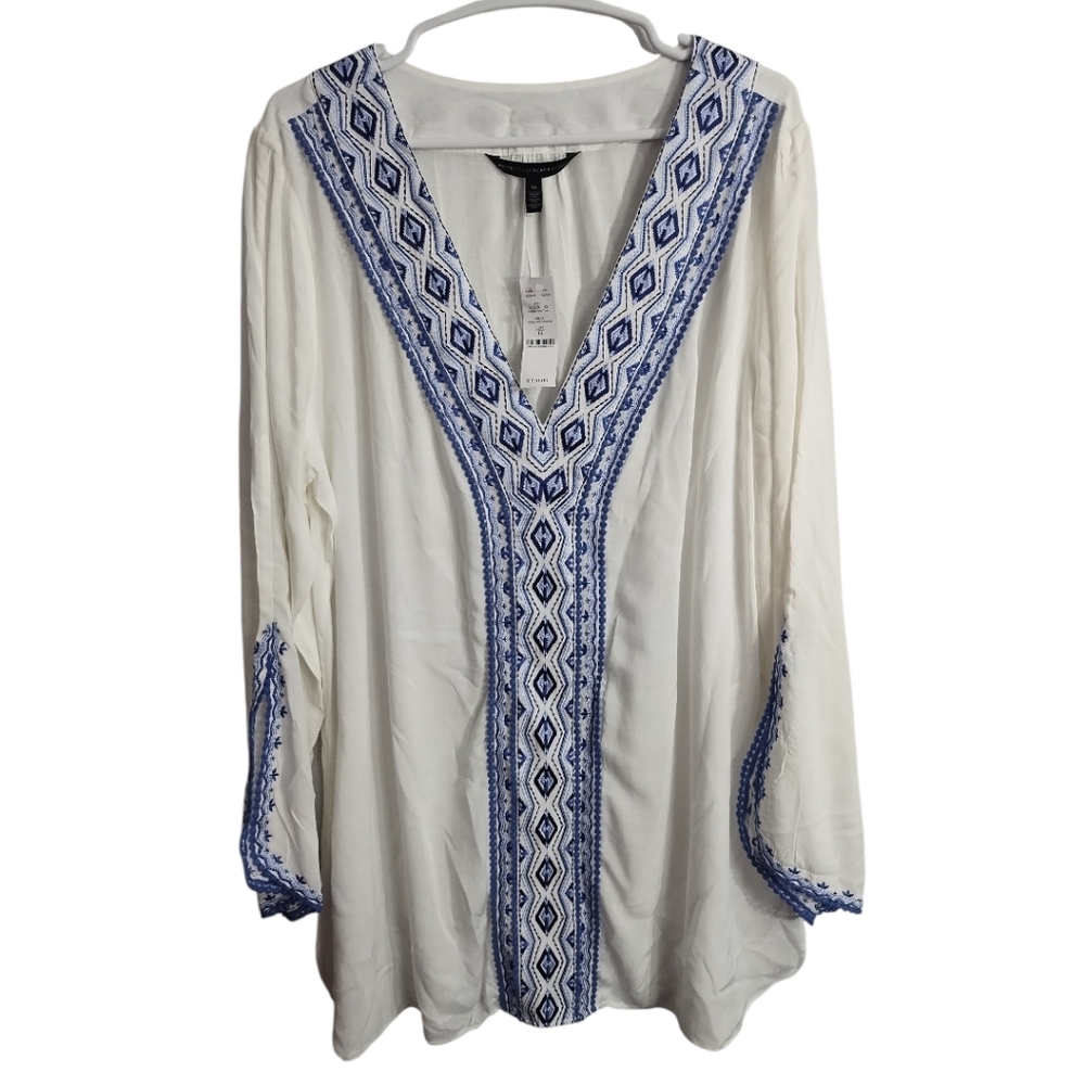 WHBM Plus Size Embroidered V‎ Neck Split Sleeve Boho Hippie Festival Tunic 14